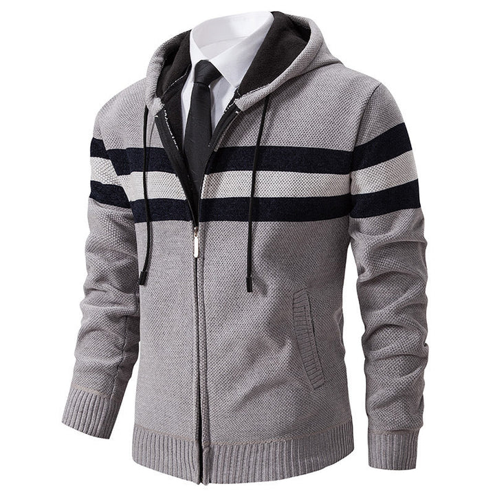 Men's Knitted Hooded Cardigan with Contrast Stripes and Zipper Hudson & Parker