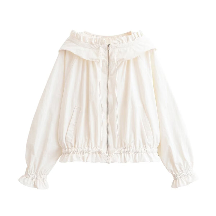 Women's Lightweight Hooded Jacket with Ruffled Collar, Drawstring and Elastic Hem Hudson & Parker