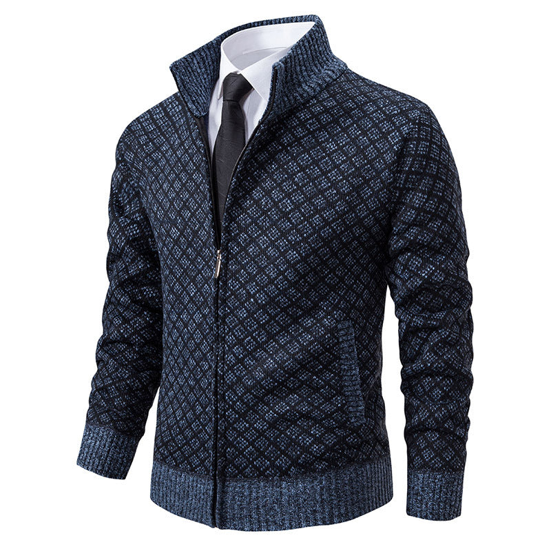 Men's Patterned Knit Zip Jacket with Stand-Up Collar, Jacquard Pattern and Ribbed Cuffs Hudson & Parker