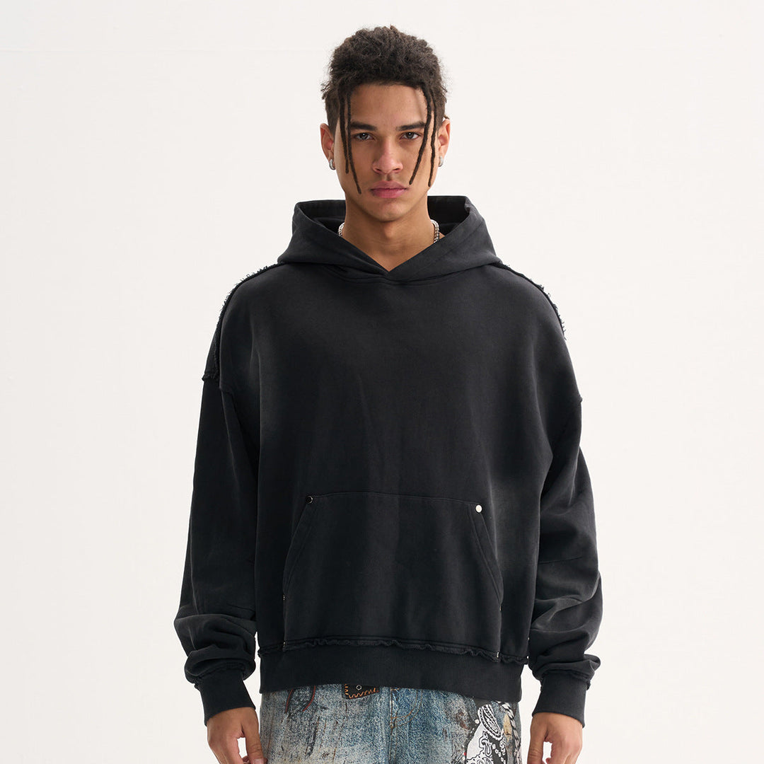 Men's Boxy Hoodie with distressed hem, studded kangaroo pocket, and washed spot effect Hudson & Parker