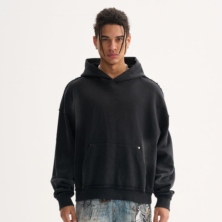 Men's Boxy Hoodie with distressed hem, studded kangaroo pocket, and washed spot effect Hudson & Parker