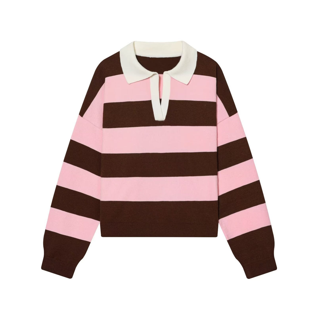 Women Oversize Cropped Rugby Sweater with Polo Collar and V-Neck Hudson & Parker