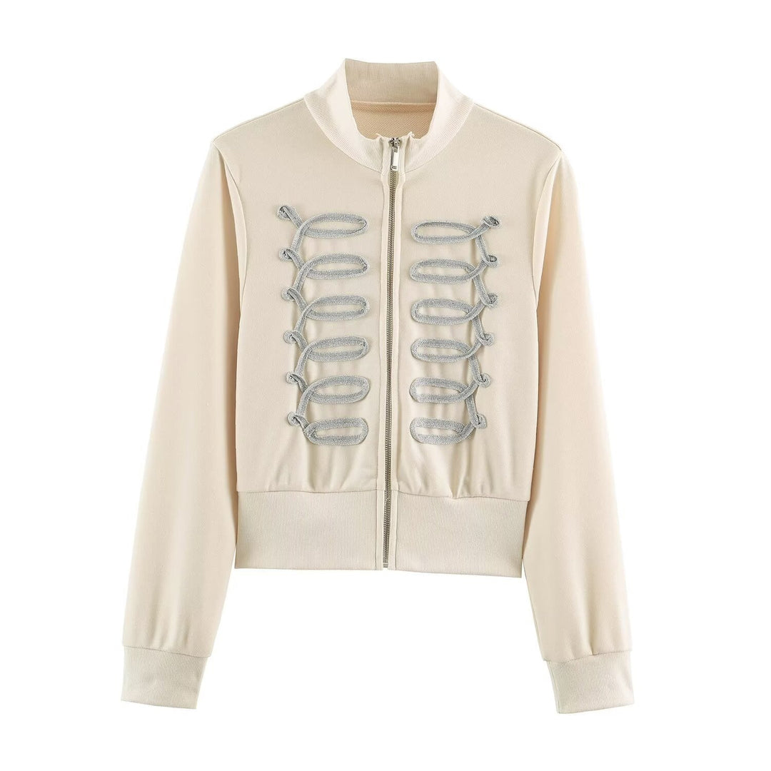 Women's Short Cut Sweat Jacket with Ornamental Decorative Cord Trim and Stand-Up Collar Hudson & Parker