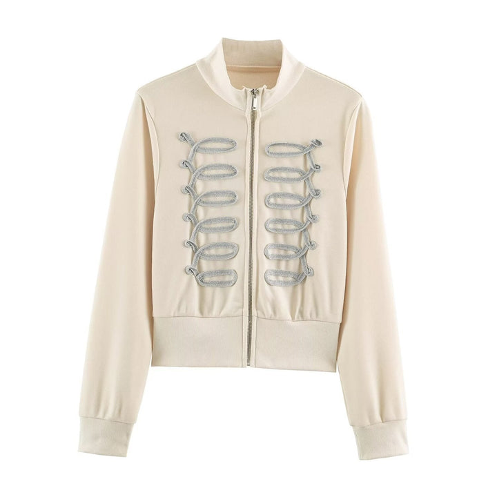 Women's Short Cut Sweat Jacket with Ornamental Decorative Cord Trim and Stand-Up Collar Hudson & Parker