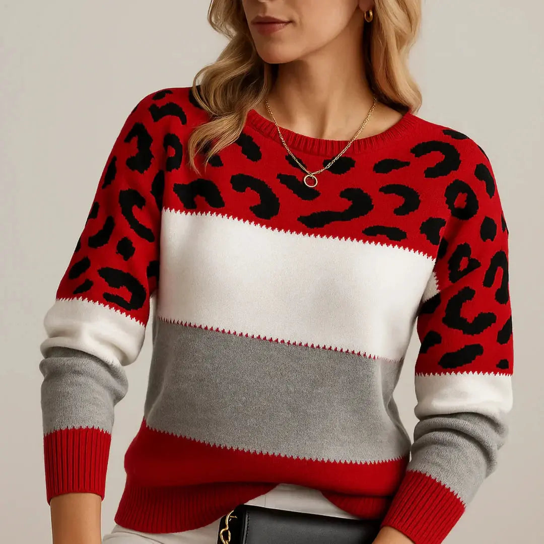 Claire | Women Leopard Pattern Color Block Sweater