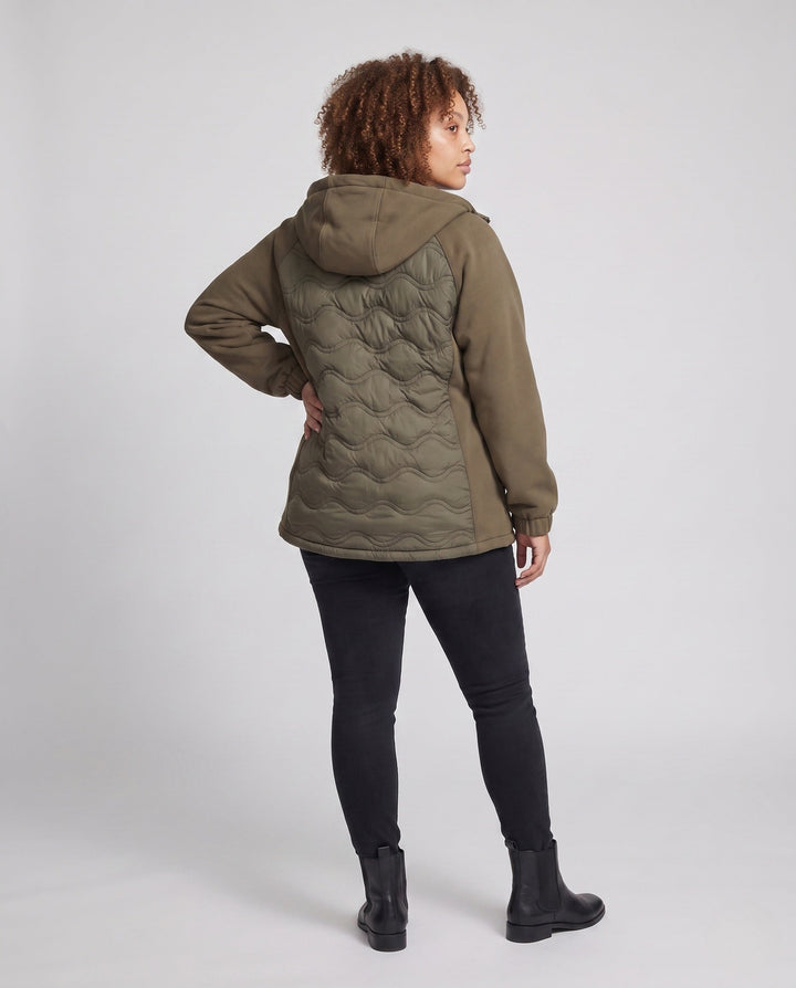 Women's non-quilted hybrid hoodie jacket with padded front and loose sweatshirt sleeves