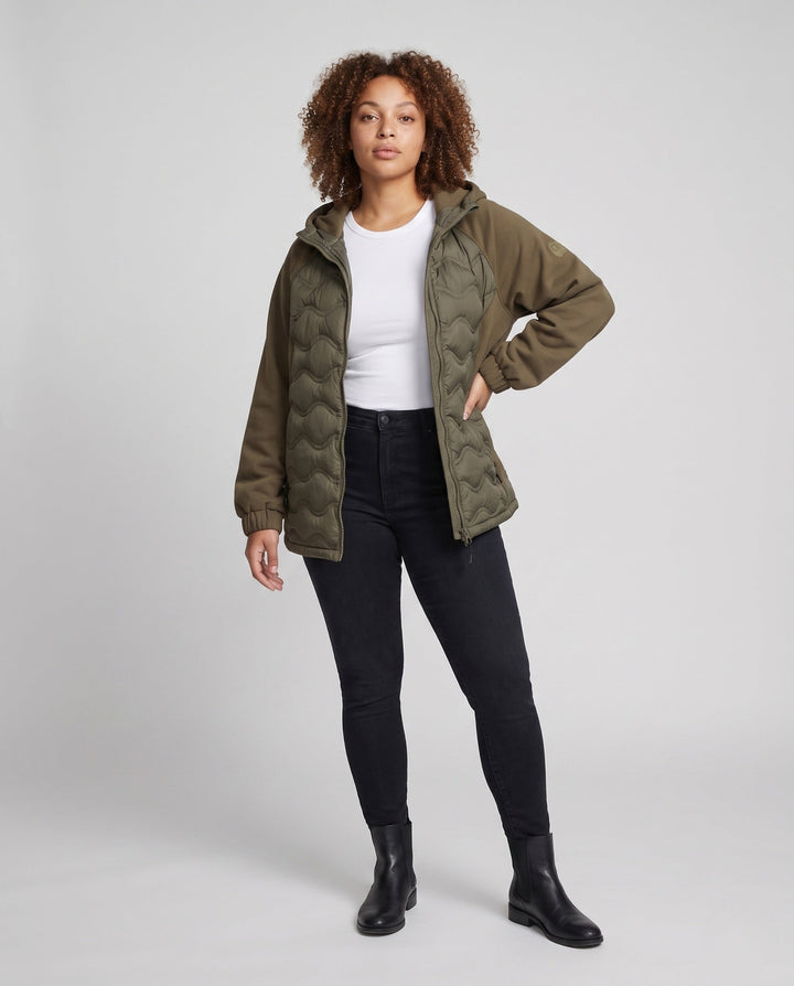 Women's non-quilted hybrid hoodie jacket with padded front and loose sweatshirt sleeves