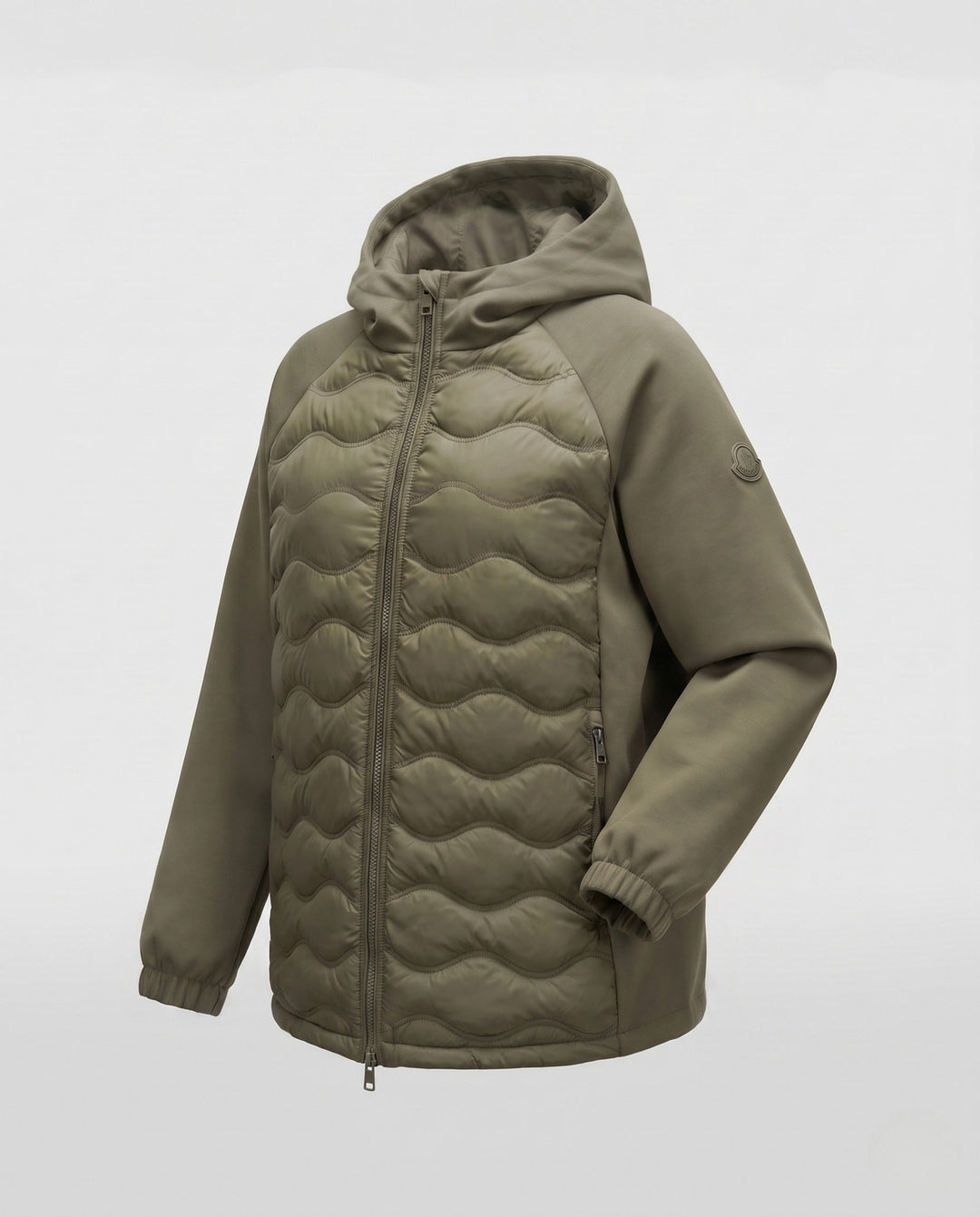 Women's non-quilted hybrid hoodie jacket with padded front and loose sweatshirt sleeves