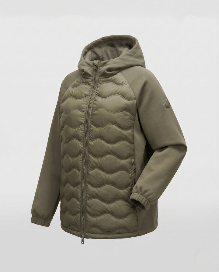 Women's non-quilted hybrid hoodie jacket with padded front and loose sweatshirt sleeves