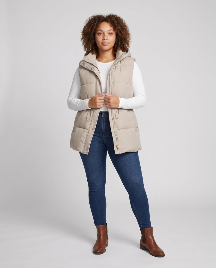 Women’s padded hooded vest with waistbelt and high collar