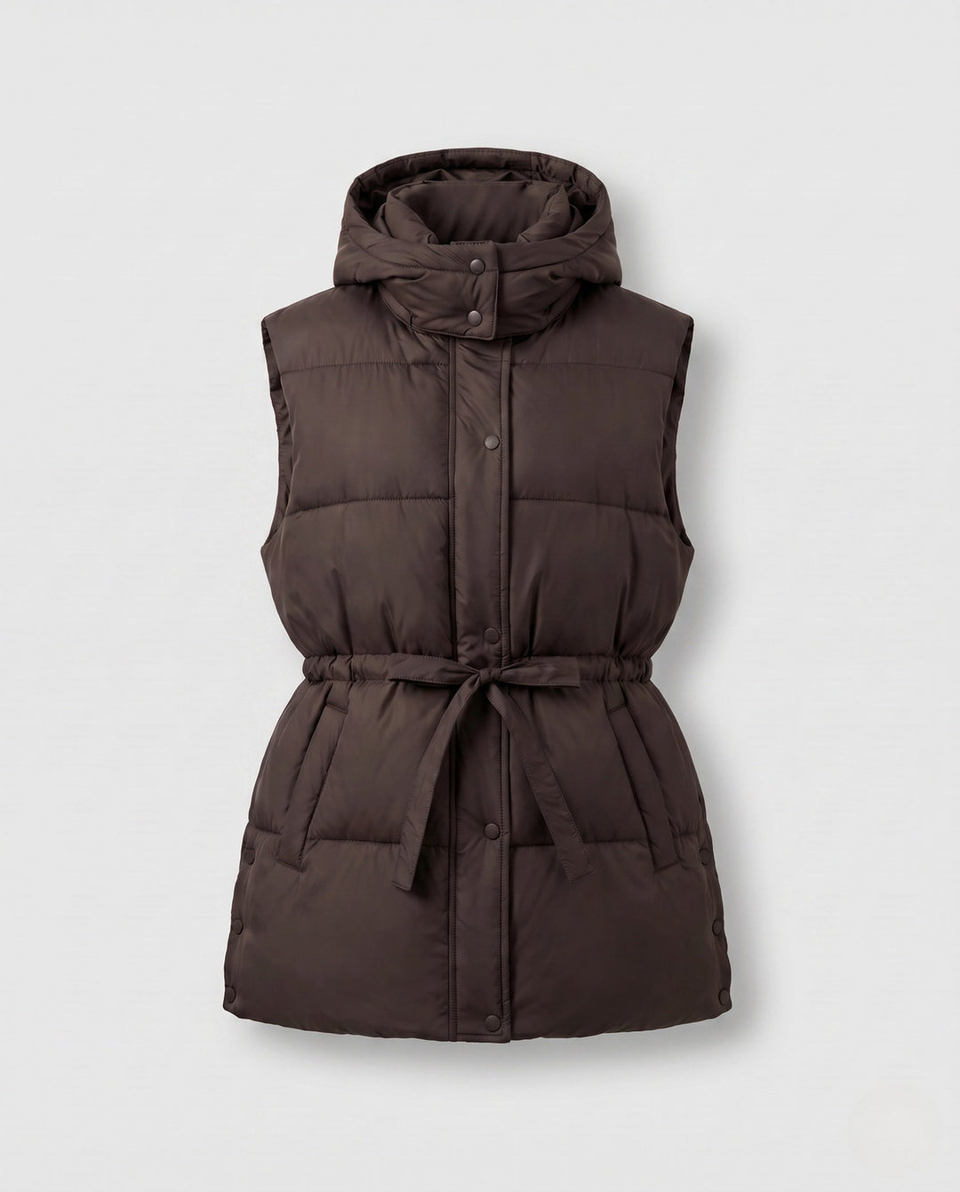 Women’s padded hooded vest with waistbelt and high collar