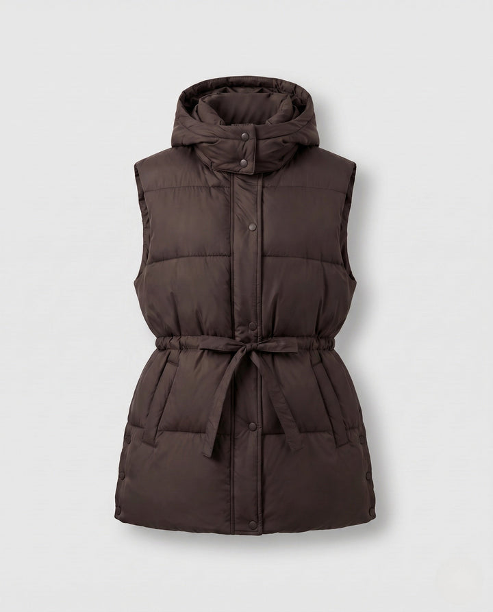 Women’s padded hooded vest with waistbelt and high collar