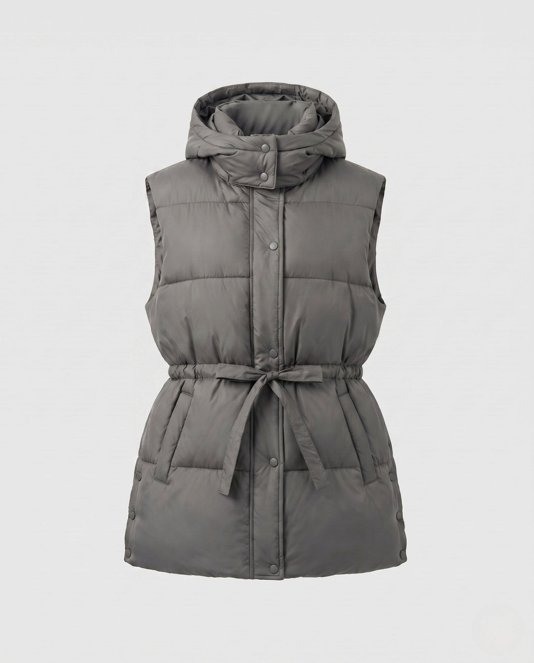 Women’s padded hooded vest with waistbelt and high collar