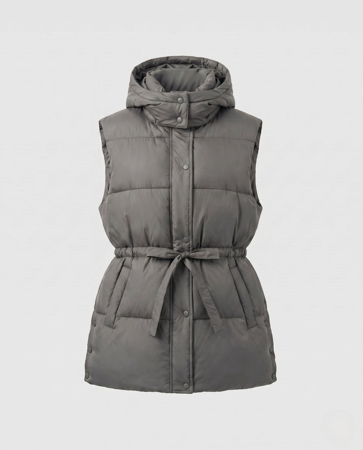 Women’s padded hooded vest with waistbelt and high collar