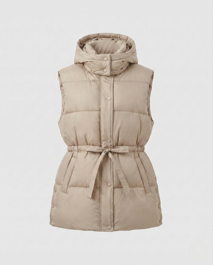 Women’s padded hooded vest with waistbelt and high collar