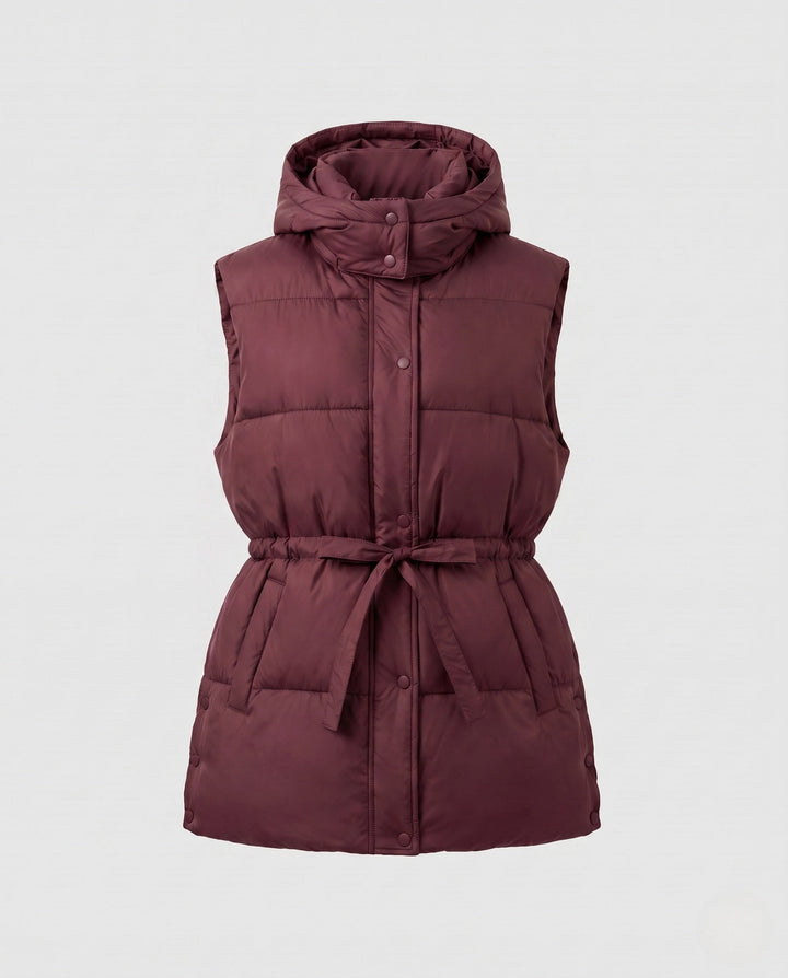 Women’s padded hooded vest with waistbelt and high collar