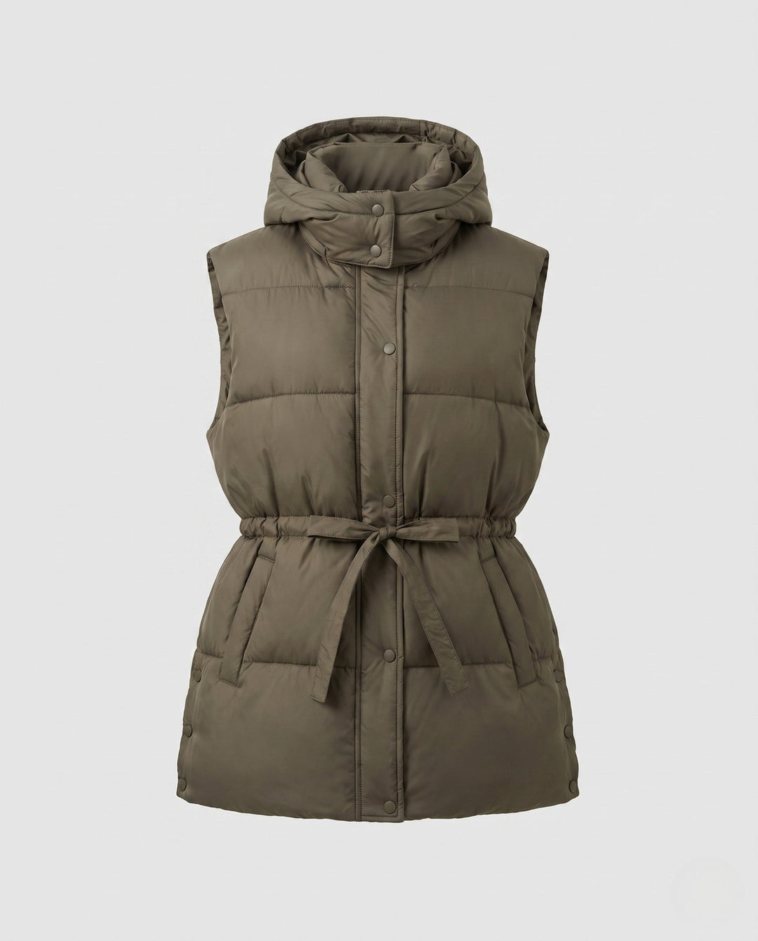 Women’s padded hooded vest with waistbelt and high collar
