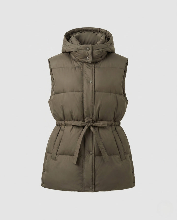 Women’s padded hooded vest with waistbelt and high collar