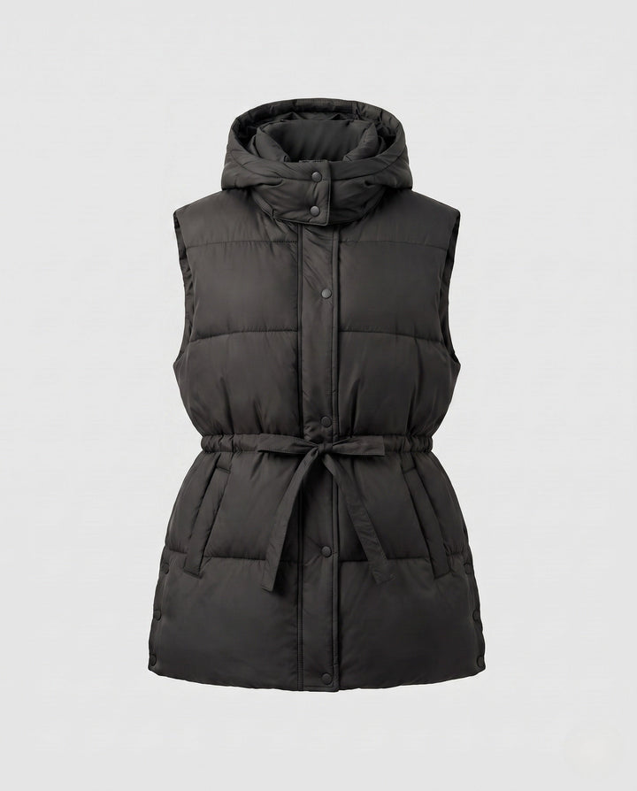 Women’s padded hooded vest with waistbelt and high collar