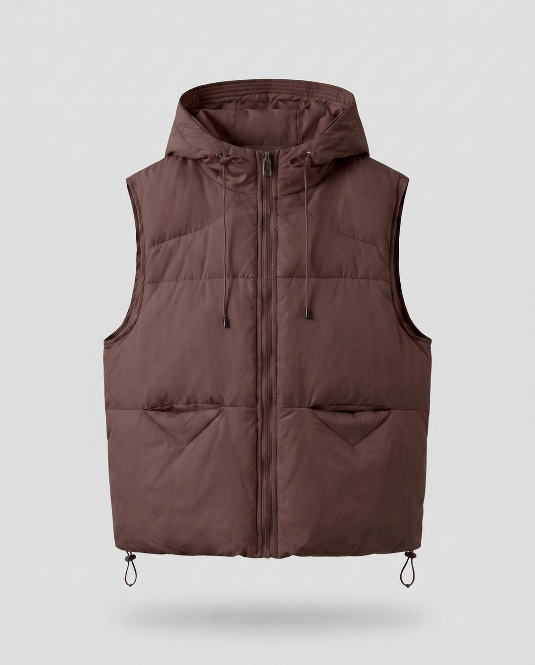 Women's padded hooded vest with thermal lining, adjustable hood and slanted pockets