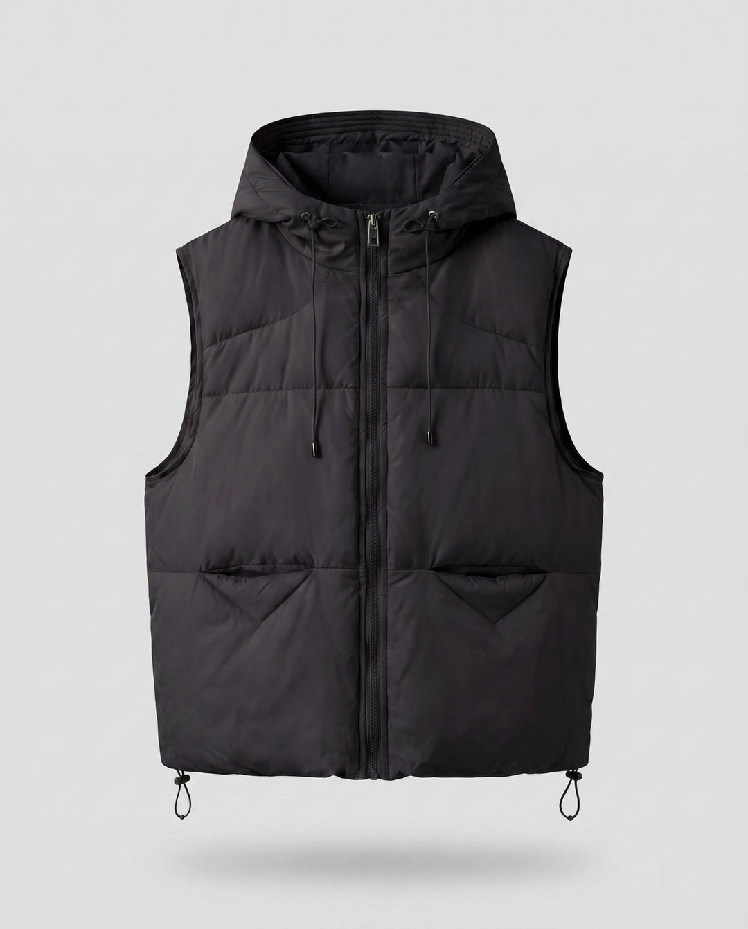 Women's padded hooded vest with thermal lining, adjustable hood and slanted pockets