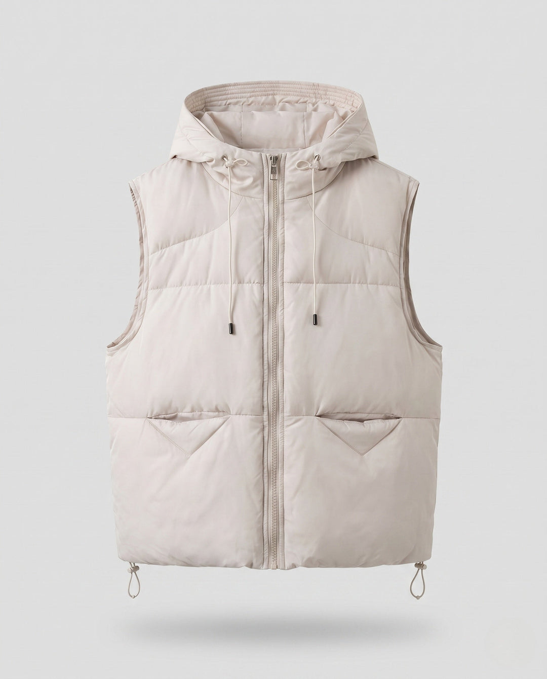 Women's padded hooded vest with thermal lining, adjustable hood and slanted pockets