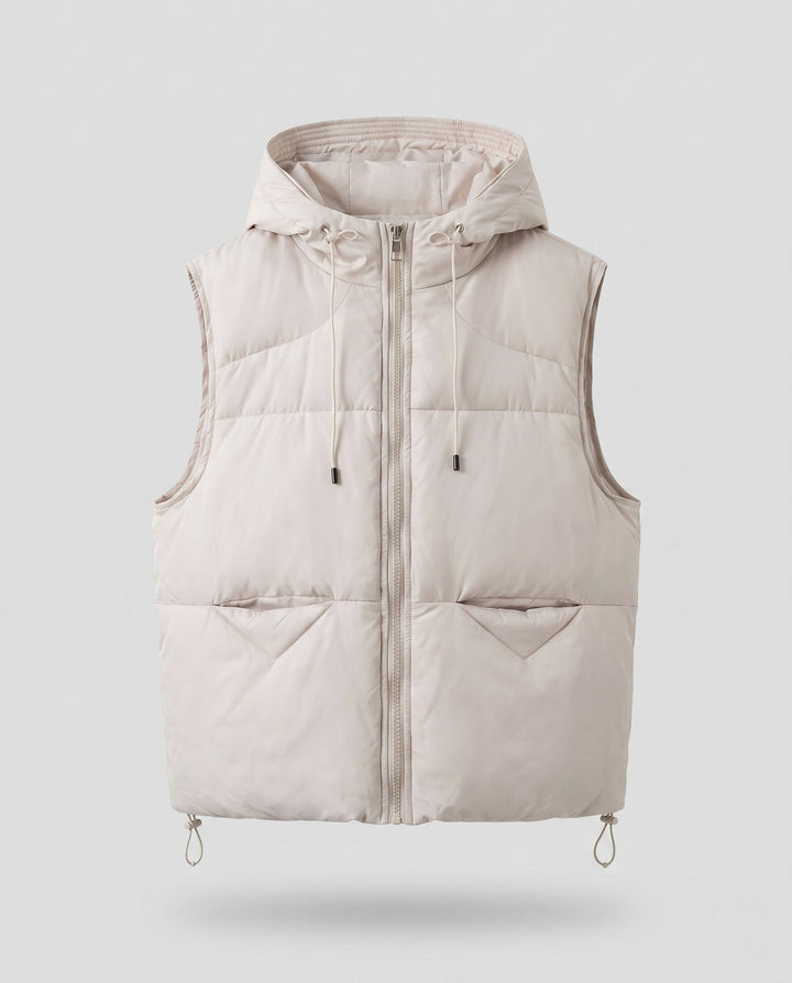 Women's padded hooded vest with thermal lining, adjustable hood and slanted pockets