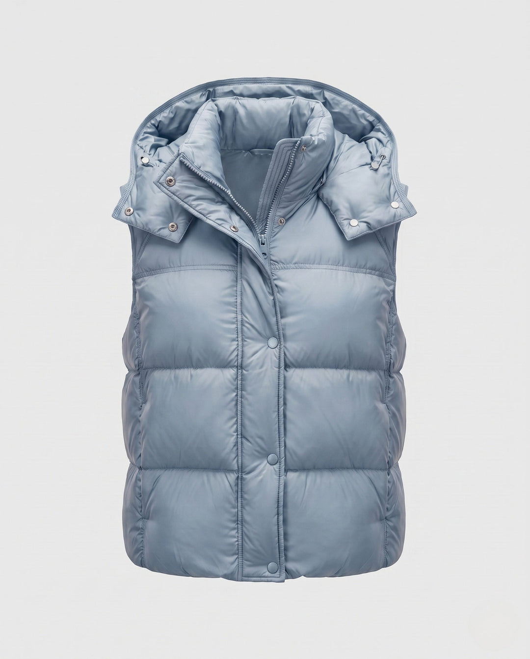 Women's padded hooded vest with voluminous thermal filling and high-closing shawl collar