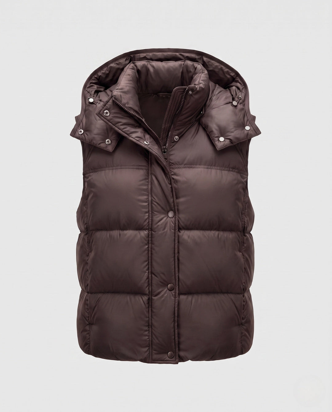 Women's padded hooded vest with voluminous thermal filling and high-closing shawl collar