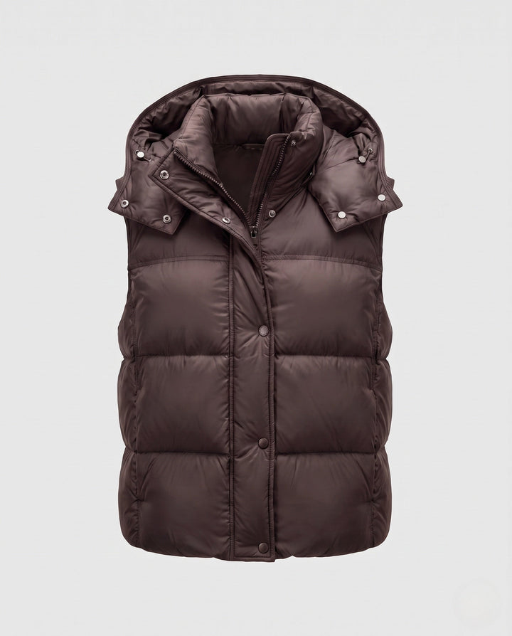 Women's padded hooded vest with voluminous thermal filling and high-closing shawl collar