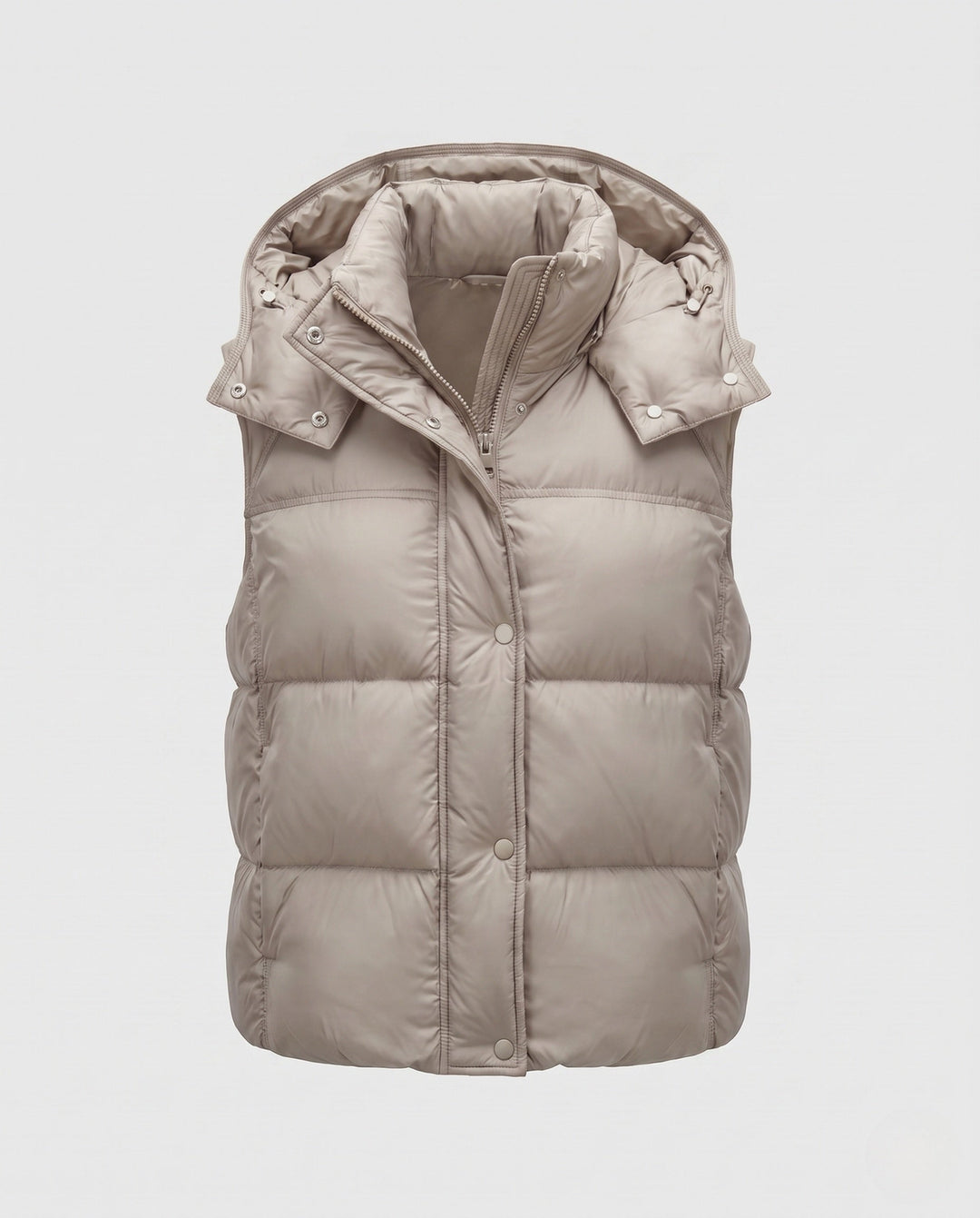 Women's padded hooded vest with voluminous thermal filling and high-closing shawl collar