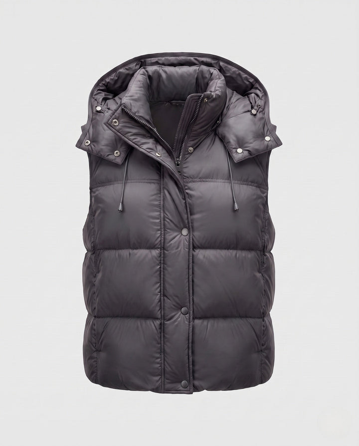Women's padded hooded vest with voluminous thermal filling and high-closing shawl collar