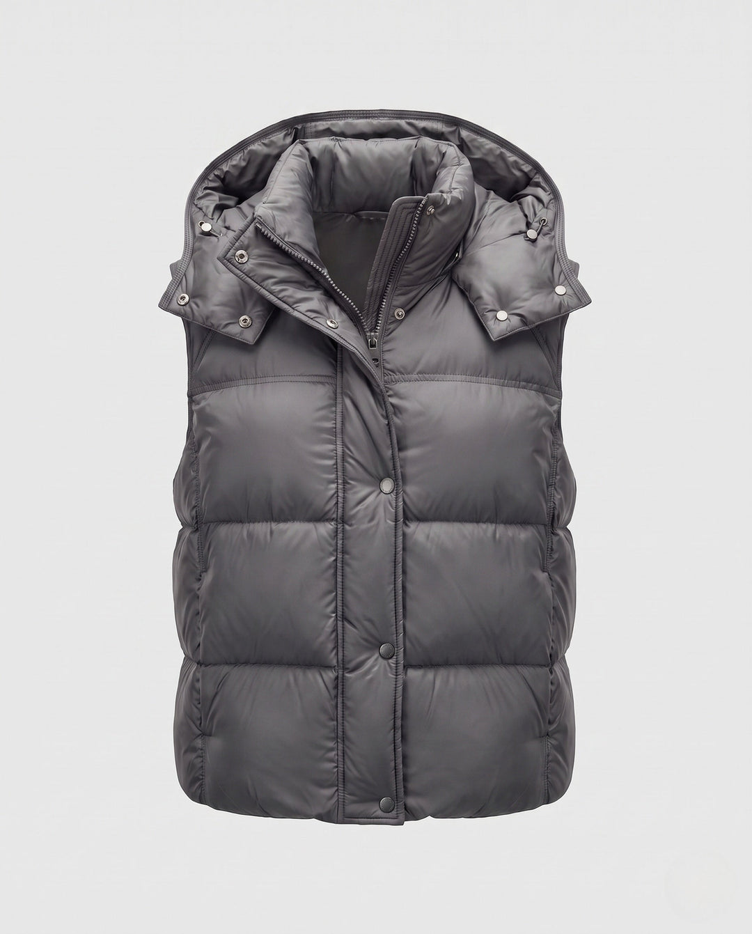 Women's padded hooded vest with voluminous thermal filling and high-closing shawl collar