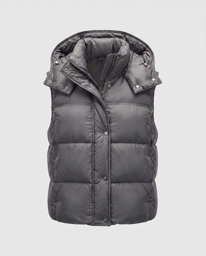 Women's padded hooded vest with voluminous thermal filling and high-closing shawl collar