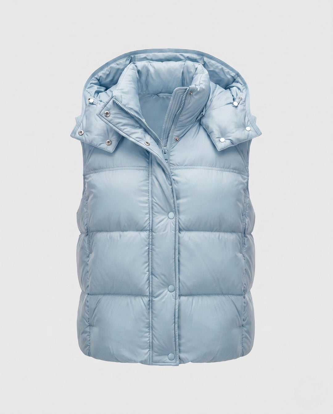 Women's padded hooded vest with voluminous thermal filling and high-closing shawl collar
