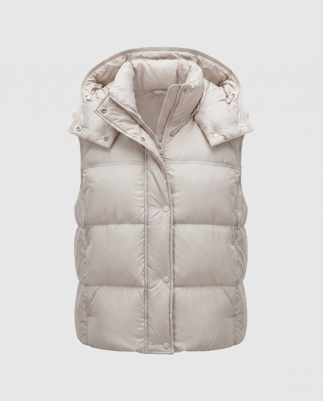 Women's padded hooded vest with voluminous thermal filling and high-closing shawl collar