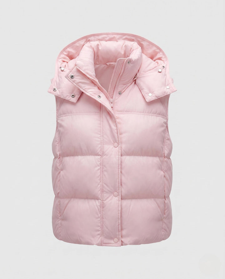 Women's padded hooded vest with voluminous thermal filling and high-closing shawl collar
