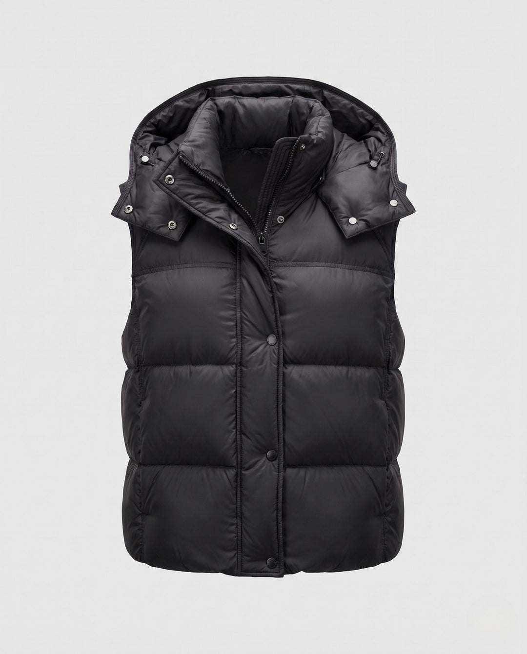 Women's padded hooded vest with voluminous thermal filling and high-closing shawl collar