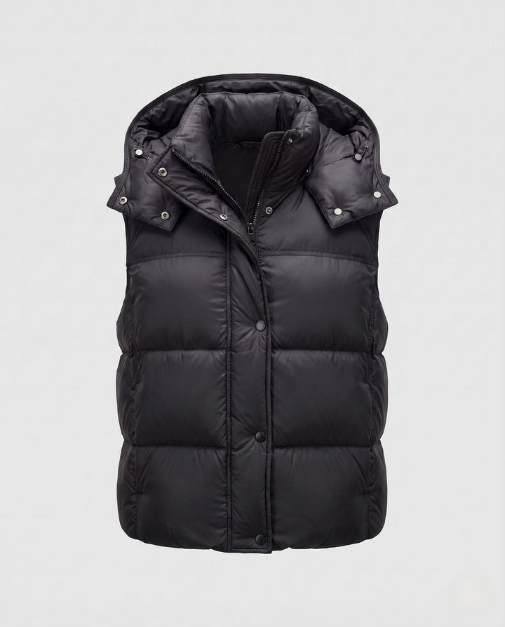 Women's padded hooded vest with voluminous thermal filling and high-closing shawl collar