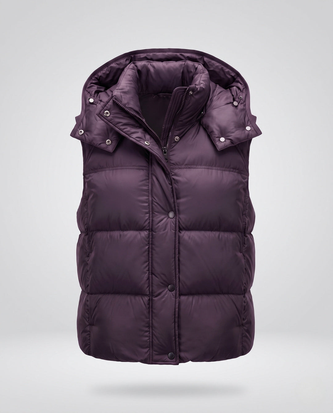 Women's padded hooded vest with voluminous thermal filling and high-closing shawl collar