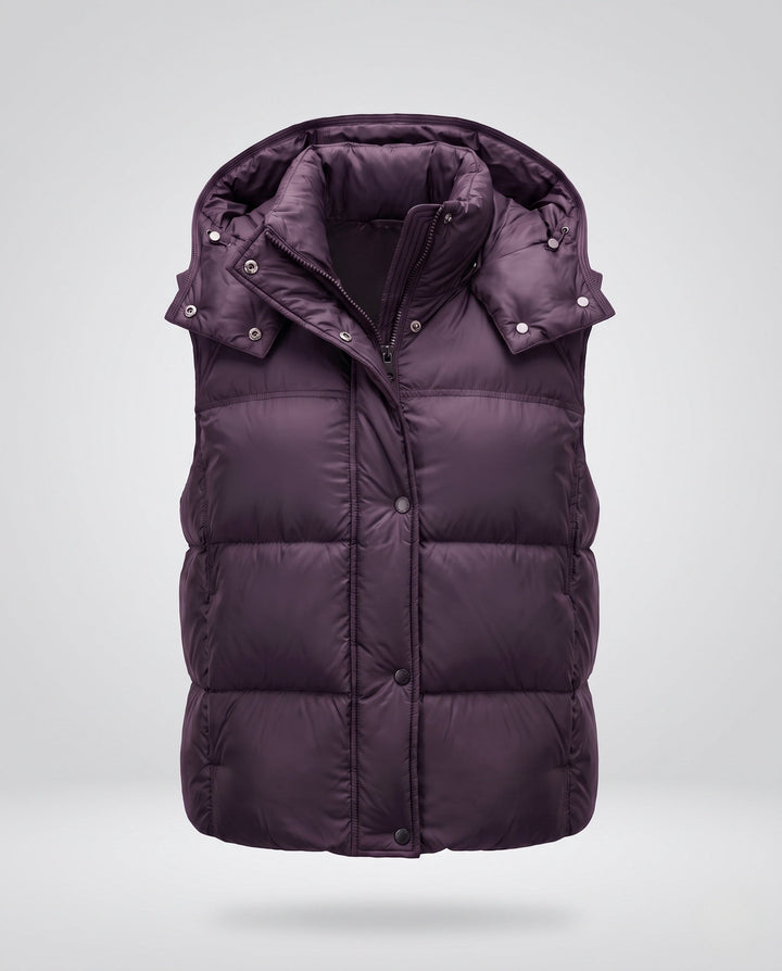 Women's padded hooded vest with voluminous thermal filling and high-closing shawl collar
