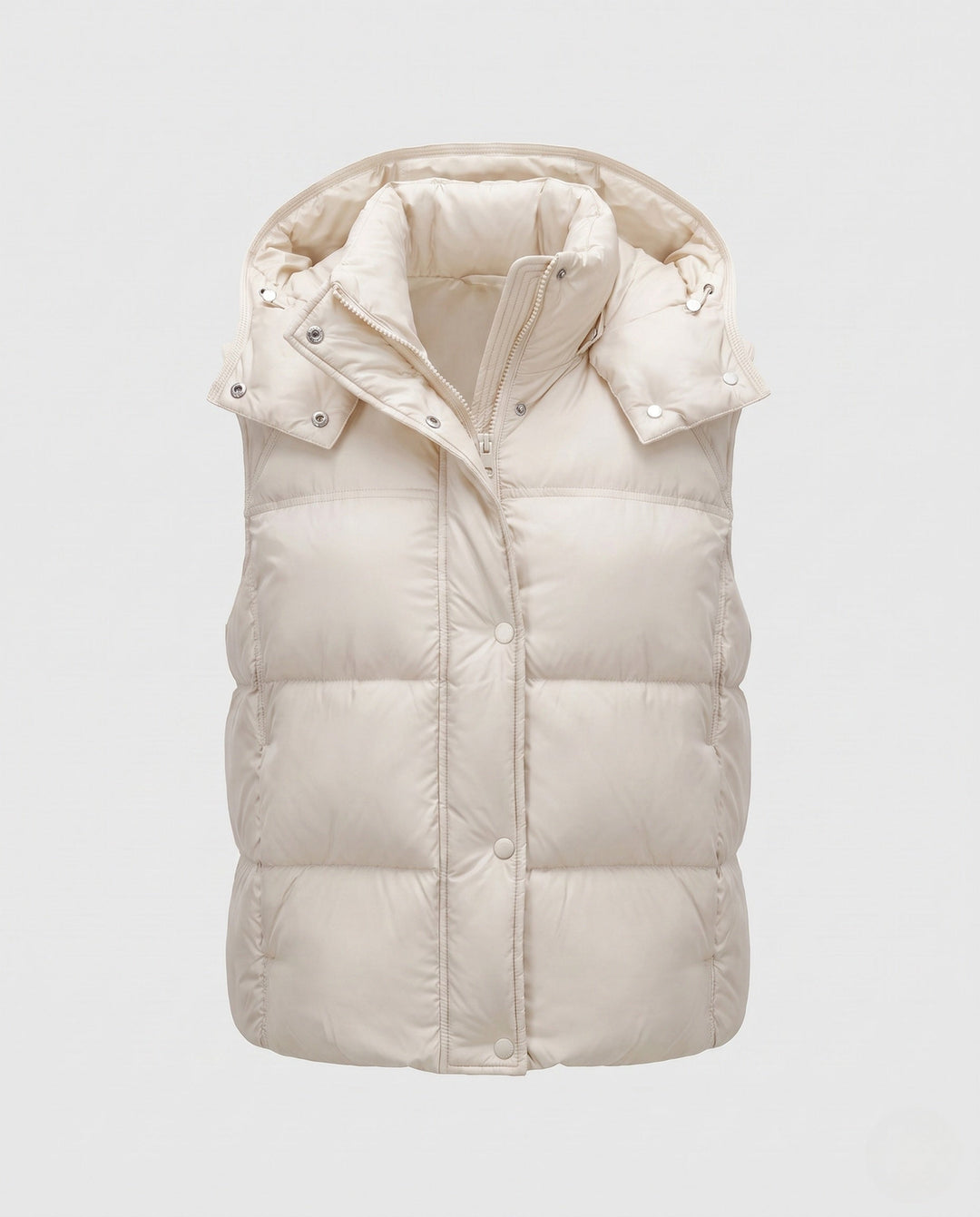 Women's padded hooded vest with voluminous thermal filling and high-closing shawl collar
