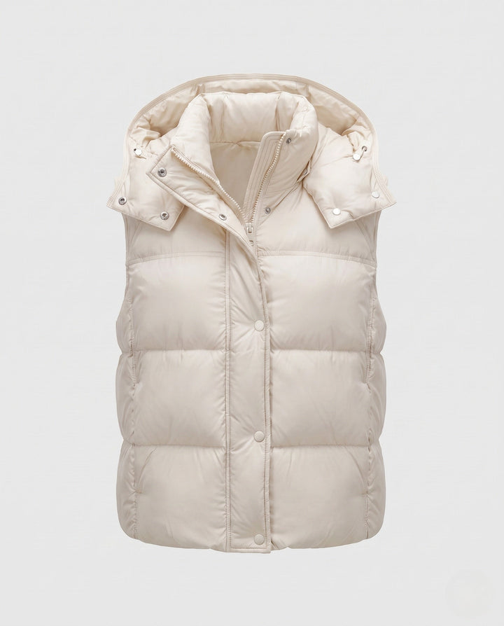 Women's padded hooded vest with voluminous thermal filling and high-closing shawl collar
