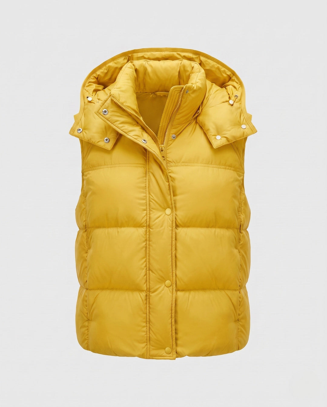 Women's padded hooded vest with voluminous thermal filling and high-closing shawl collar