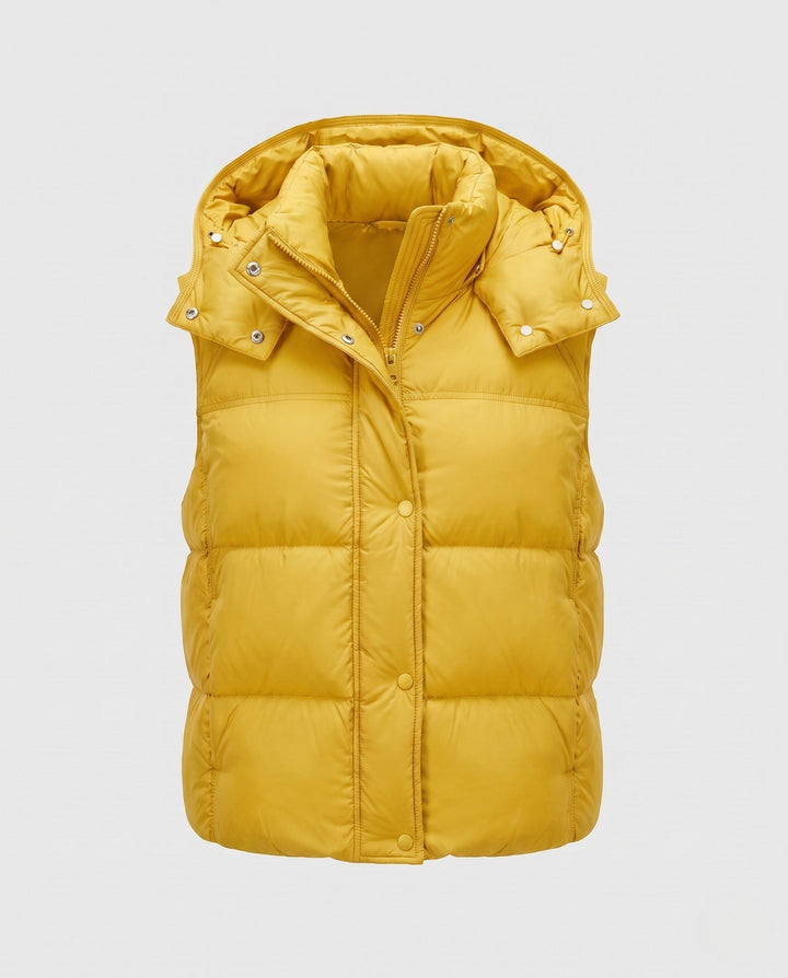 Women's padded hooded vest with voluminous thermal filling and high-closing shawl collar