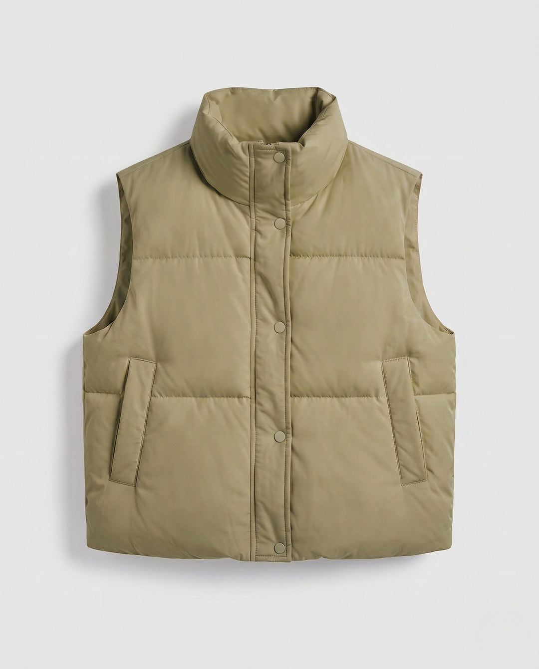 Women’s short padded hooded vest in boxy cut with high collar and slanted pockets