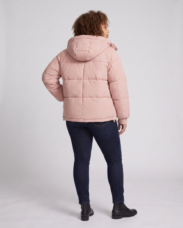 Women's short padded hooded quilted jacket with drawstring, concealed zipper and elastic cuffs