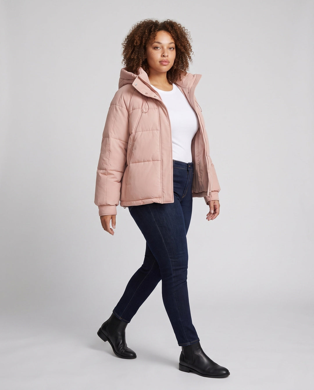 Women's short padded hooded quilted jacket with drawstring, concealed zipper and elastic cuffs