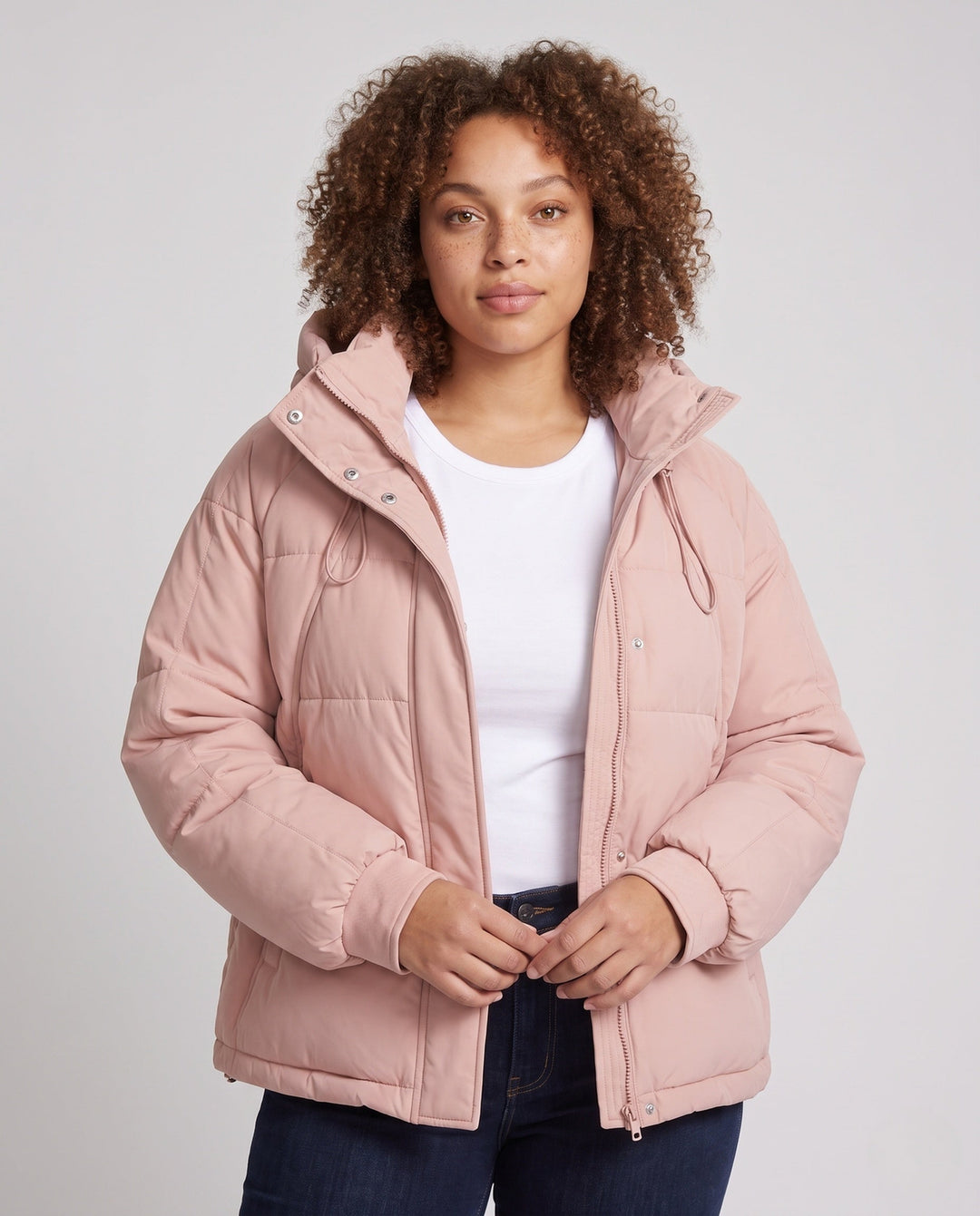 Women's short padded hooded quilted jacket with drawstring, concealed zipper and elastic cuffs