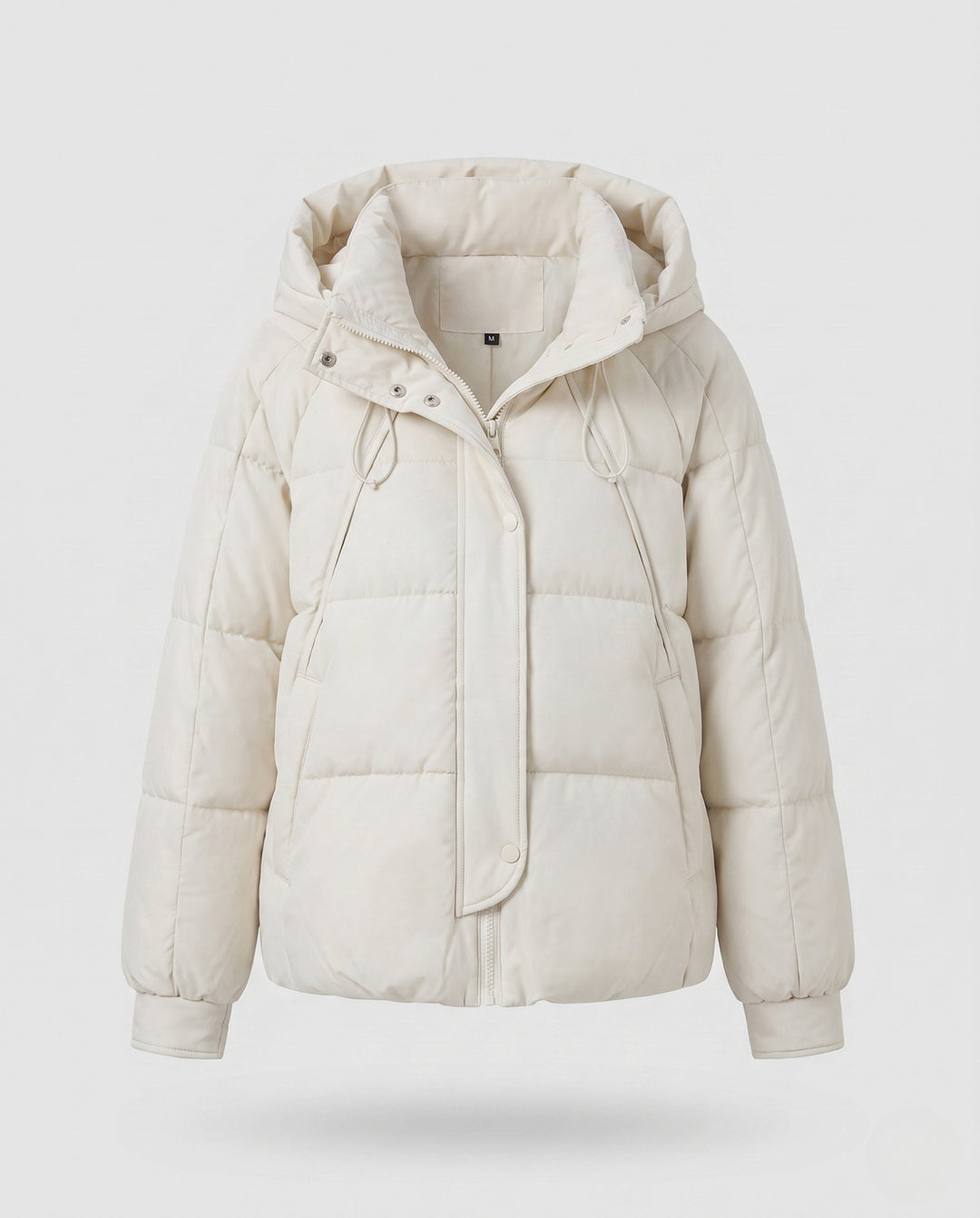 Women's short padded hooded quilted jacket with drawstring, concealed zipper and elastic cuffs